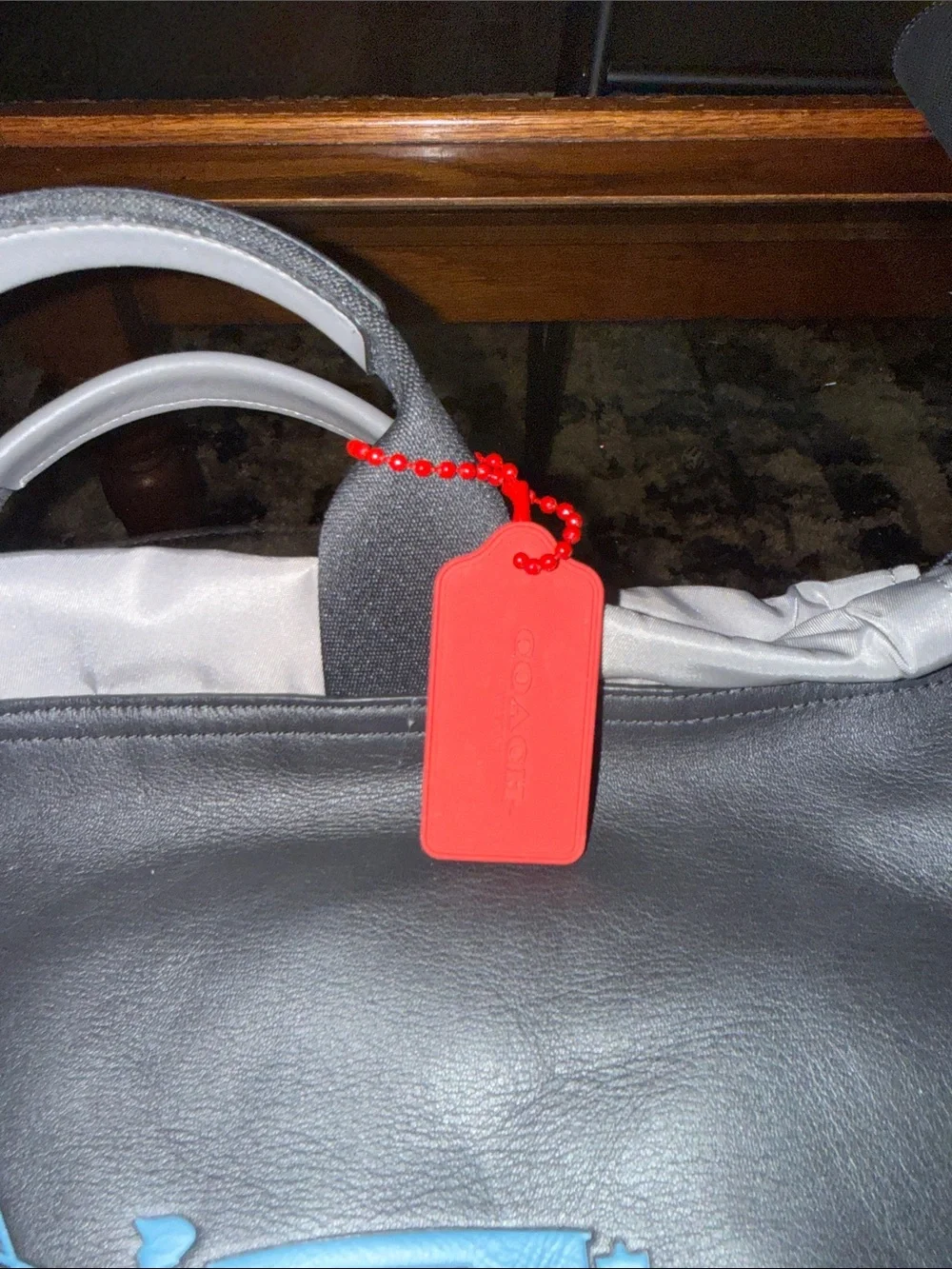 Coach Black Leather Drawstring Backpack with Blue-Purple-Red Gradient Logo